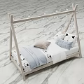 Wooden Kids Bed with Triangular Frame and Panda Pattern Pillows with String Lights 3d model