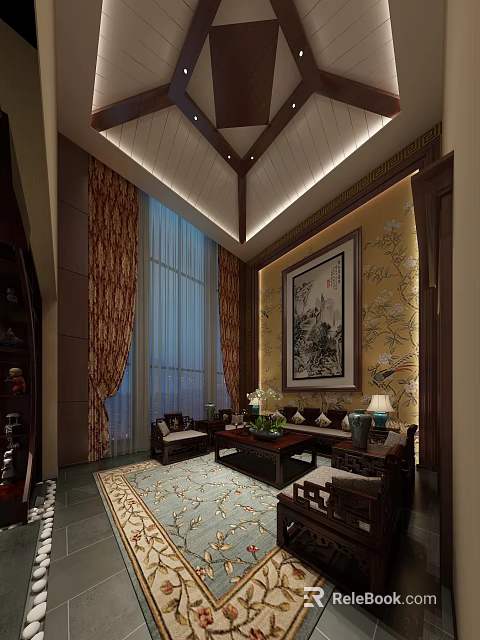 Elegant Classic Chinese Style Living Room With High Ceiling Solid Wood Furniture And Landscape Painting 3d model 