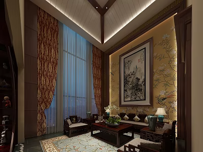 Elegant Classic Chinese Style Living Room With High Ceiling Solid Wood Furniture And Landscape Painting 3d model