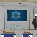 Modern Conference Room Interior With Large Screen Tables Chairs Blue Carpet And Ceiling Design