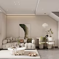 Modern Living and Dining Room Interior with Cabinetry Marble Countertop and Wall Clock