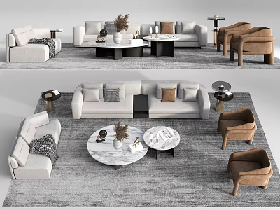 Modern Sofa Coffee Table Set Interior with Marble Top Pillows Gray Rug and Accent Chairs 3d model
