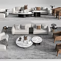 Modern Sofa Coffee Table Set Interior with Marble Top Pillows Gray Rug and Accent Chairs
