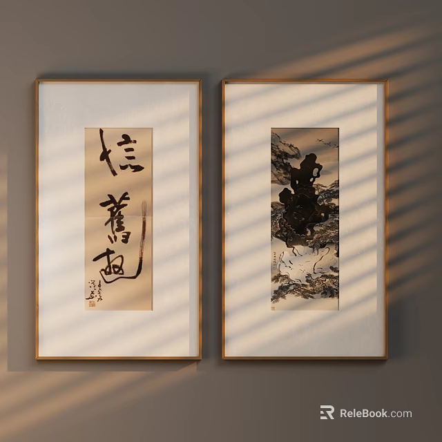 Abstract Painting Wall Decor With Framed Calligraphy And Landscape Elements Golden Frame Light Shadow 3d model 