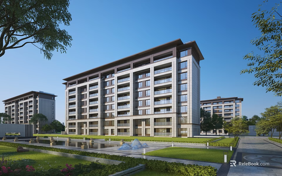 Modern Residential Building With Contemporary Exterior Green Lawn Trees And Fountain 3d model 