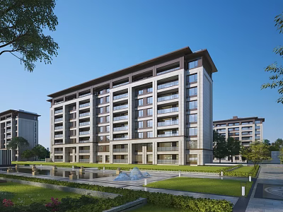 Modern Residential Building With Contemporary Exterior Green Lawn Trees And Fountain 3d model