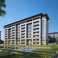 Modern Residential Building With Contemporary Exterior Green Lawn Trees And Fountain