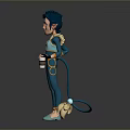 Game and Movie Character in Blue Outfit Holding a Cup with a Tail