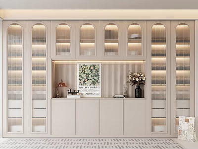 Modern Light Wood Wine Cabinet With Glass Doors And Decorative Shelves 3d model