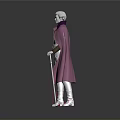 Woman in white outfit with pink cloak and silver boots holding staff with pink glow