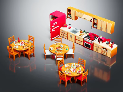 Colorful Cartoon Kitchen Scene With Round Tables Chairs Cabinets Red Refrigerator And Dishes 3d model