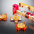 Colorful Cartoon Kitchen Scene With Round Tables Chairs Cabinets Red Refrigerator And Dishes