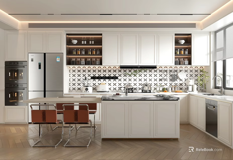 Modern Open Kitchen With White Cabinets Island Tile Backsplash Chairs And Stainless Steel Fridge 3d model 