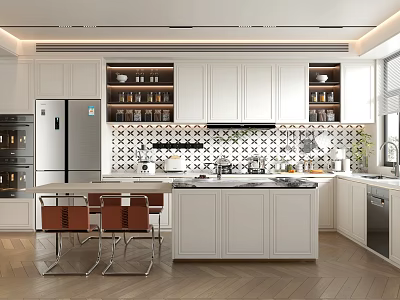 Modern Open Kitchen With White Cabinets Island Tile Backsplash Chairs And Stainless Steel Fridge 3d model
