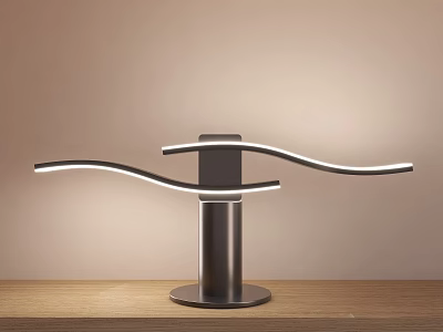 Modern Curved Arm Table Lamp With LED Light Strips Black Base On Wooden Tabletop 3d model