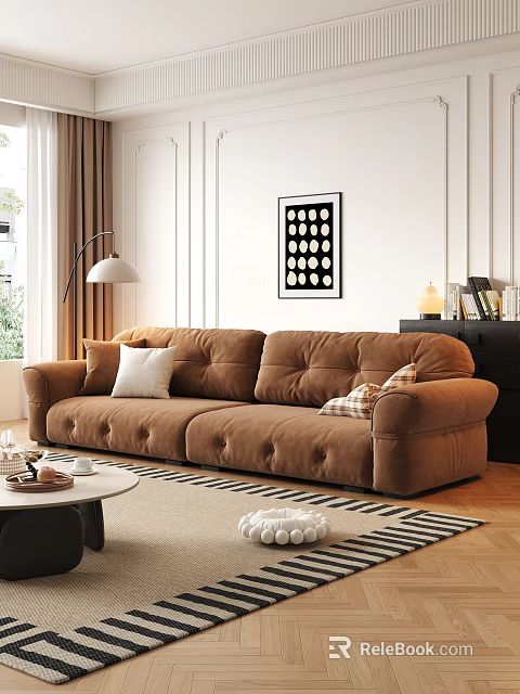 Brown Velvet Loveseat With Cushions Floor Lamp Coffee Table And Rug 3d model 
