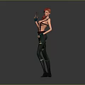 Game Movie Character With Red Hair Holding Gun Green Pants Black Top And Gloves