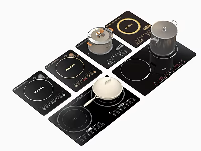 Various Induction Cooktops With Pans As Modern Kitchen Appliances Display Collection 3d model