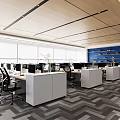Modern Public Office Space with Open Workstations Computers Chairs Blue Bookshelves Large Windows Patterned Carpet 3d model