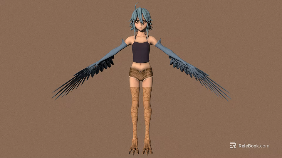 Fantasy Blue Haired Female Character With Feathered Wings And Clawed Feet 3d model 