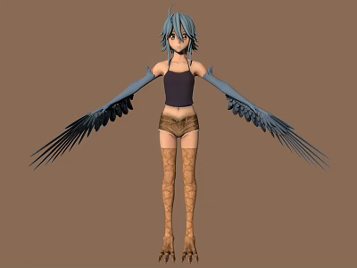 Fantasy Blue Haired Female Character With Feathered Wings And Clawed Feet 3d model