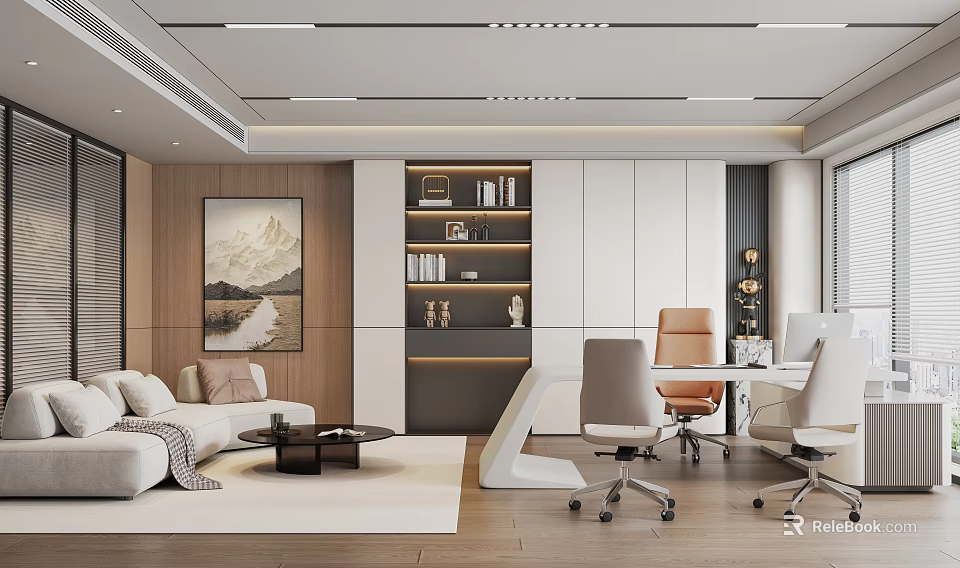 Modern Office Interior With Sofa Area Bookshelf Desk Chairs And Wall Mountain Painting 3d model 