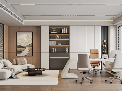 Modern Office Interior With Sofa Area Bookshelf Desk Chairs And Wall Mountain Painting 3d model