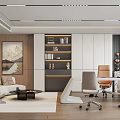 Modern Office Interior With Sofa Area Bookshelf Desk Chairs And Wall Mountain Painting