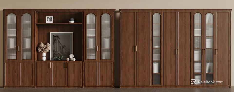 Elegant Brown Wooden Cabinets With Glass Doors Drawers Shelves And Decorative Items 3d model 