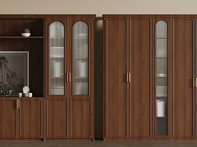 Elegant Brown Wooden Cabinets With Glass Doors Drawers Shelves And Decorative Items 3d model
