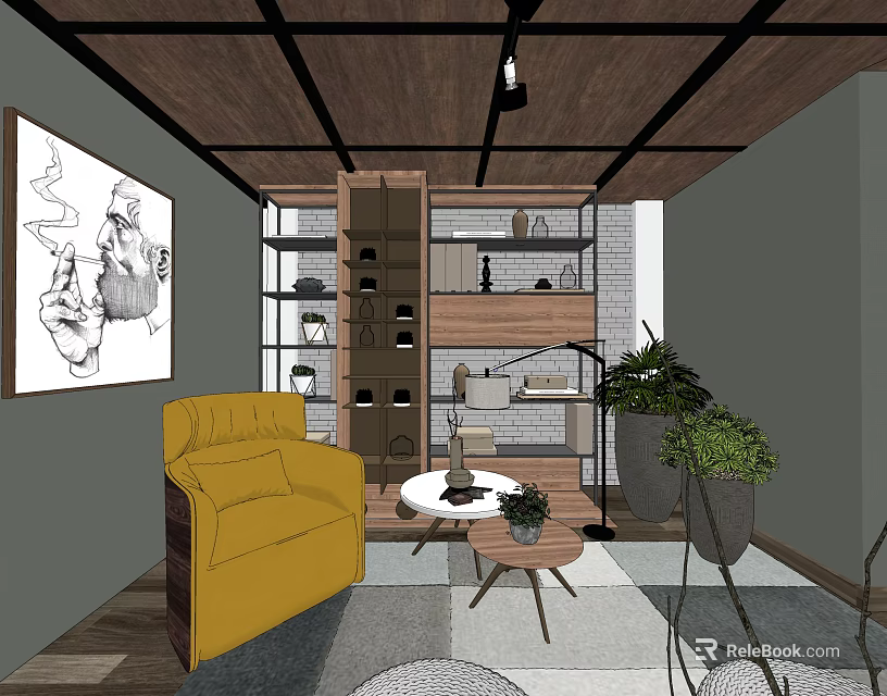 Cozy Living Room With Yellow Armchair Round White Table Green Plants And Wooden Ceiling 3d model 