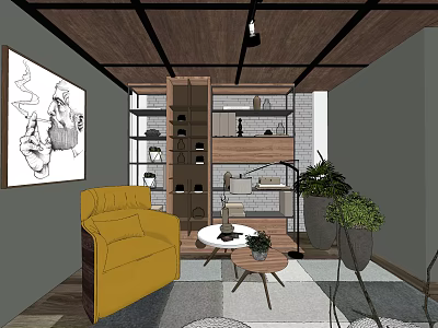 Cozy Living Room With Yellow Armchair Round White Table Green Plants And Wooden Ceiling 3d model