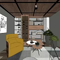 Cozy Living Room With Yellow Armchair Round White Table Green Plants And Wooden Ceiling