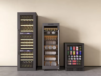 Sleek Modern Refrigerators in Various Sizes Storing Wine Glasses Plates and Canned Drinks 3d model