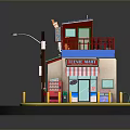 Small Street Shop Building With Green Roof Red Balcony Striped Awning Street Lamp And Bollards