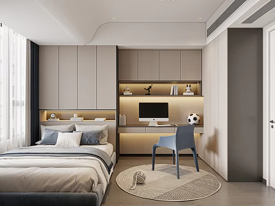 Tatami Bedroom Interior With Bed Desk Computer Chair And Storage Cabinets 3d model