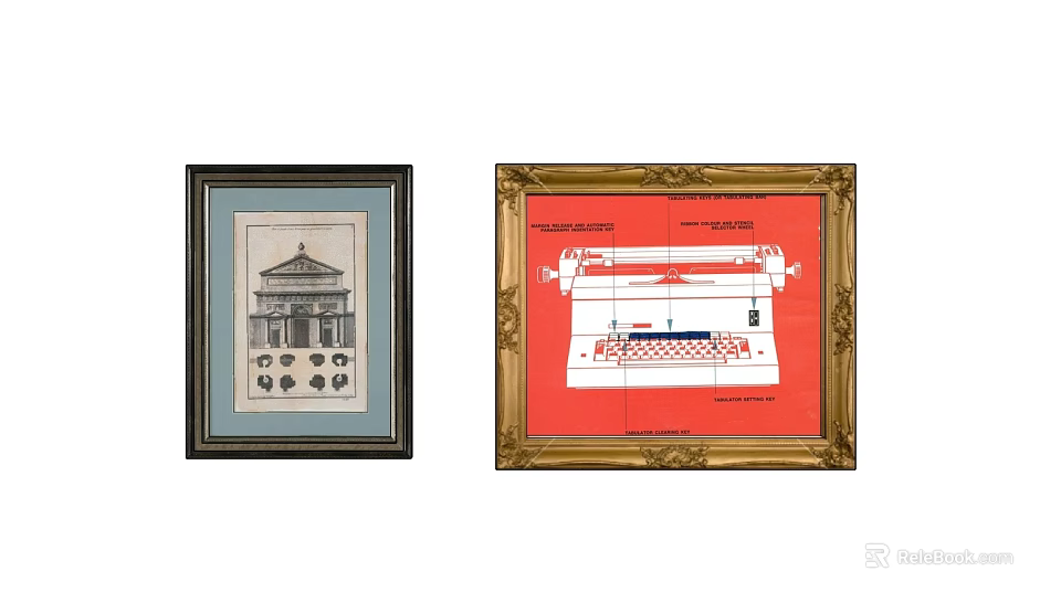 Decorative Framed Wall Art With Vintage Architectural Print And Red Design Drawing 3d model 