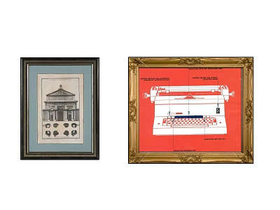 Decorative Framed Wall Art With Vintage Architectural Print And Red Design Drawing 3d model