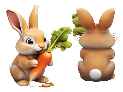 Adorable Cartoon Rabbits Holding Carrot Front Back Views With Green Leaves 3d model