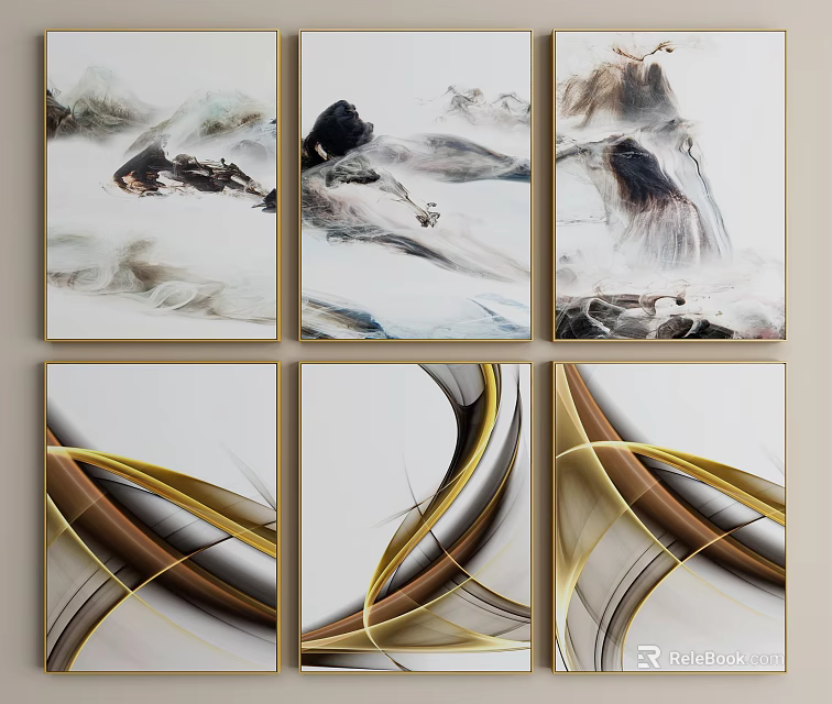 Six Abstract Paintings Two Rows Featuring Mountain Cloud Elements Golden Brown Curved Lines 3d model 