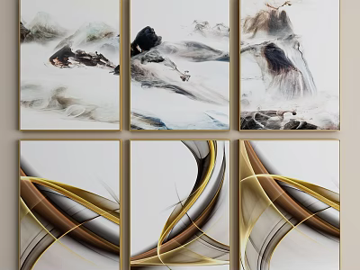 Six Abstract Paintings Two Rows Featuring Mountain Cloud Elements Golden Brown Curved Lines 3d model
