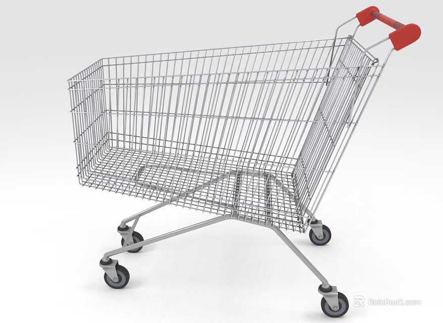 Silver Metal Shopping Cart With Red Handle And Four Rolling Wheels 3d model 