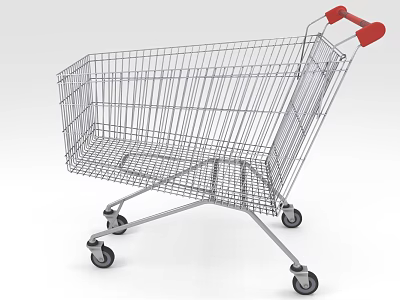 Silver Metal Shopping Cart With Red Handle And Four Rolling Wheels 3d model