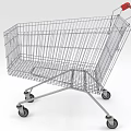 Silver Metal Shopping Cart With Red Handle And Four Rolling Wheels