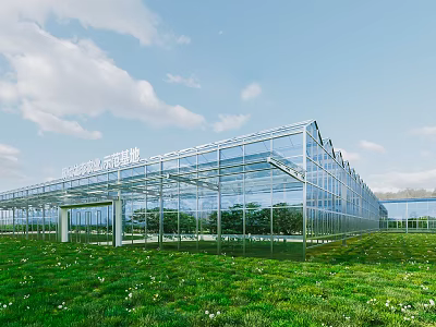 Modern Glass Greenhouse Structure With Transparent Panels And Green Grass Surroundings 3d model