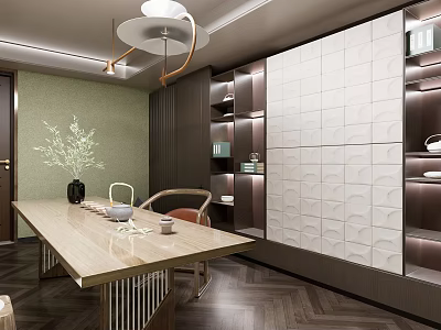 Modern Tea Room Interior With Wooden Table Chair Vase Plants And Wall Tiles 3d model