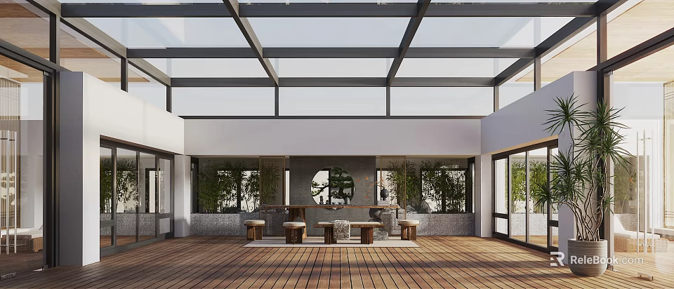 Elegant Villa Balcony With Glass Roof Wooden Flooring Outdoor Seating And Lush Greenery 3d model 