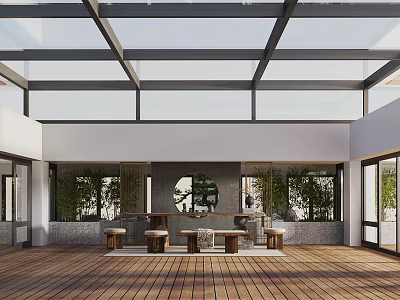 Elegant Villa Balcony With Glass Roof Wooden Flooring Outdoor Seating And Lush Greenery 3d model