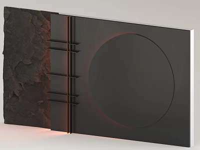 Modern Background Wall With Textured Stone Panel Smooth Black Surface Horizontal Lines And Circular Design 3d model