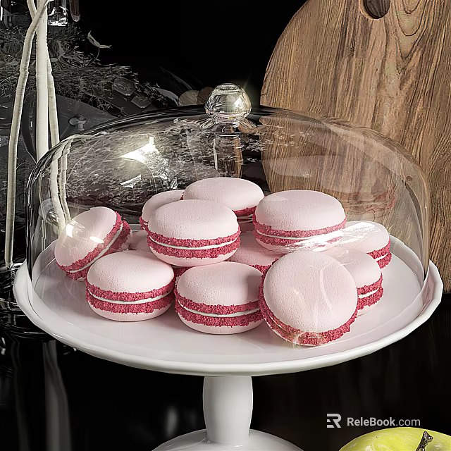 Fresh Pink And White Striped Macarons Under Glass Dome On White Plate 3d model 